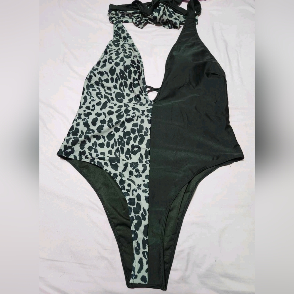 Shein Black and Leopard Print Women's Swimsuit - Picture 2 of 5